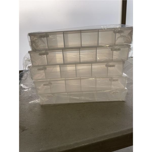5 NEW CLEAR 6 PART COMPARTMENT BOXES - 10.75 x7 x 1.75" - RETAIL $50