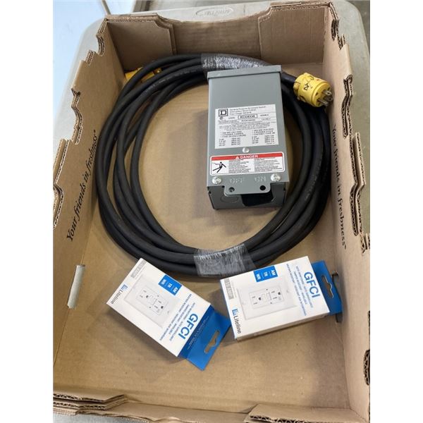 NEW SQUARE D ENCLOSED SWITCH BOX, NEW 25FT HEAVY DUITY POWER CABLE, AND 2 GFCI PLUGS