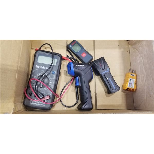 MASTERCRAFT  MULTIMETER WITH BOSCH DISTANCE METER, MASTERCRAFT INFRARED THERMOMETER OUTLET TESTER AN