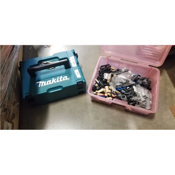 MAKITA HARD TOOL BOX AND BIN OF HOSE FITTINGS