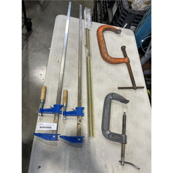 2 LARGE C-CLAMPS, ONE IS 11.5 INCH AND 2 BAR CLAMPS 40 INCH