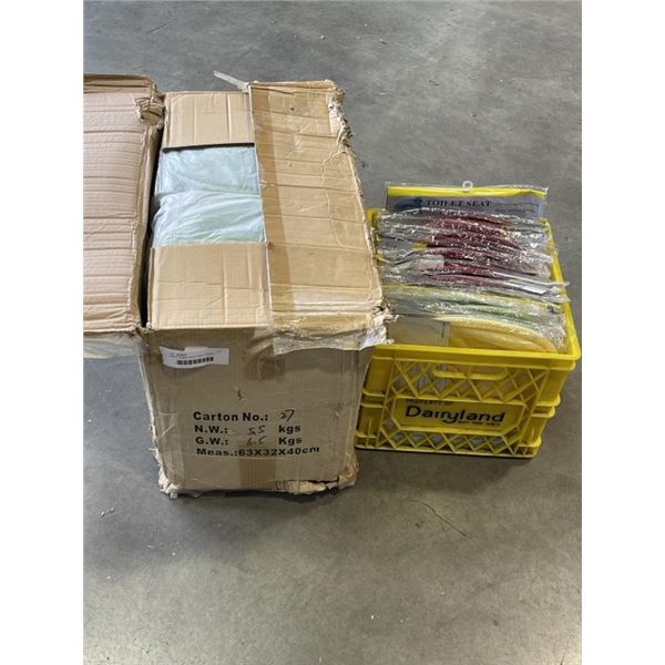 CRATE, AND BOX  OF NEW TOILET SEAT COVERS