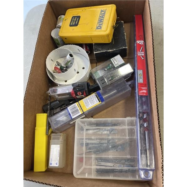 BOX OF DRILL BITS, AUGER BITS AND HOLE SAWS