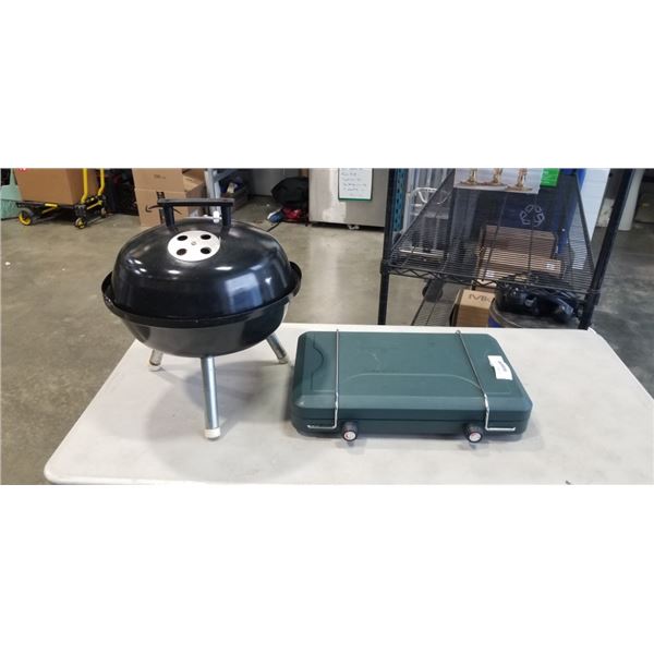 CHARCOAL BARBECUE AND PROPANE CAMP STOVE