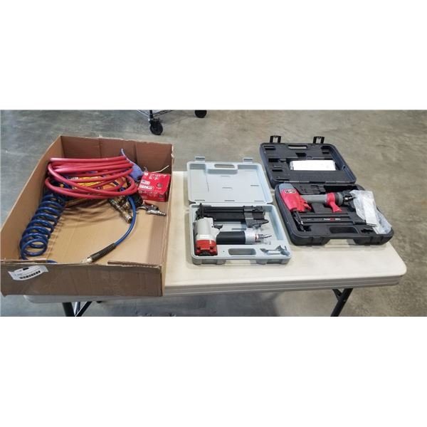 TWO AIR NAILERS/ STAPLERS WITH AIR HOSE, STAPLES AND AIR FITTINGS