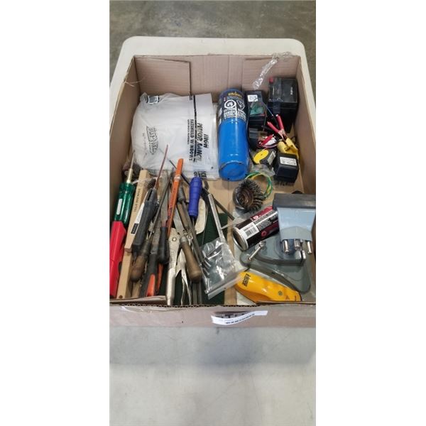 BOX OF ADJUSTABLE ROTATING VISE, FACE SHIELD WINDOWS, BERNZOMATIC TANK, ELECTRICAL AND FILING TOOLS