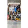 Image 1 : BOX OF ADJUSTABLE ROTATING VISE, FACE SHIELD WINDOWS, BERNZOMATIC TANK, ELECTRICAL AND FILING TOOLS