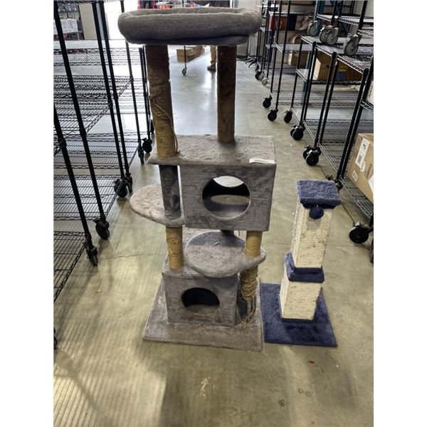 55 INCH TALL 3 TIERED CAT HOUSE AND 31 INCH TALL CAT SRACTHING POST