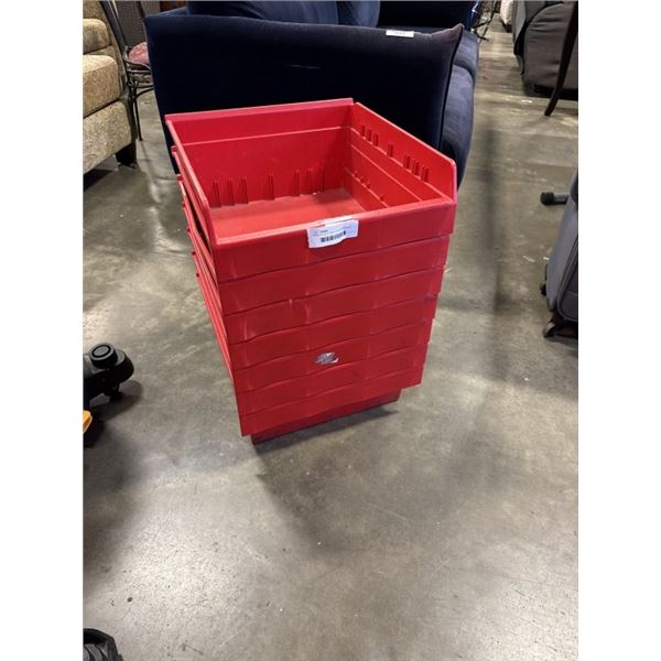 7 RED NESTING ORGANIZING SHELF BINS, 18X16.5X8 INCH TALL