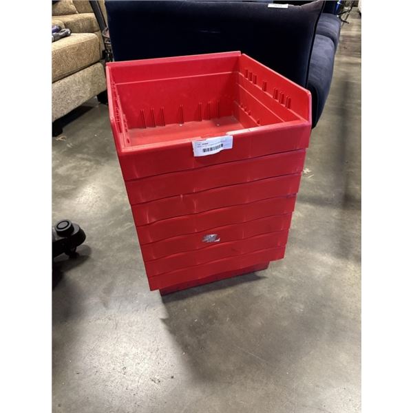7 RED NESTING ORGANIZING SHELF BINS, 18X16.5X8 INCH TALL