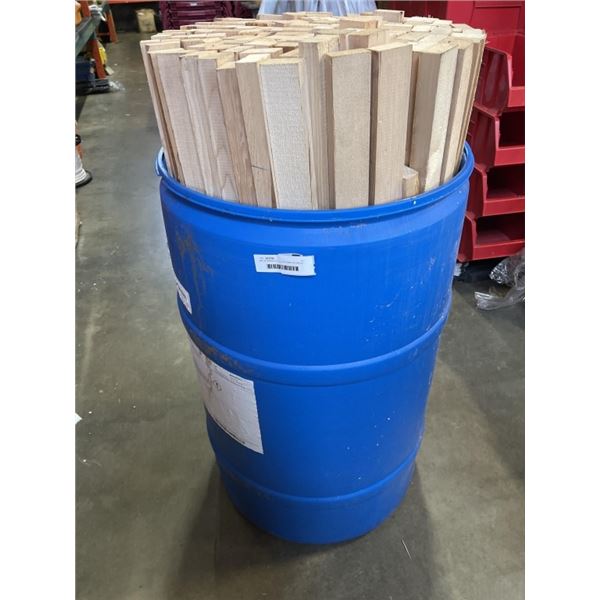METAL BARRELL FULL OF HEMLOCK WOOD PIECES, 1" X 2" X 43"