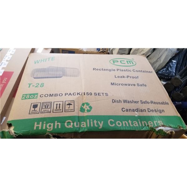 NEW CASE OF WHITE PLASTIC LEAK PROOF LIDDED CONTAINERS - 150 SETS