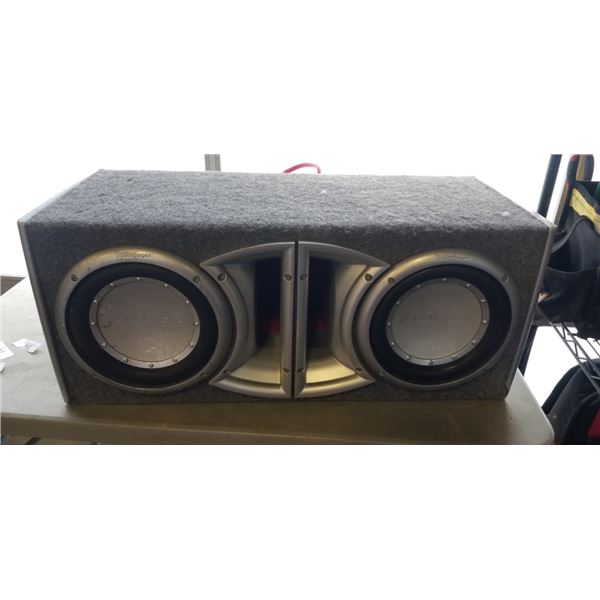 ROCKFORD FOSGATE VEHICLE SUB BOX WITH TWO PUNCH 10 INCH SUBS, AND DUAL AMPS ONE IS ALPINE