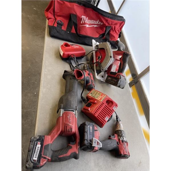 MILWAUKEE CORDLESS POWER TOOL SET INCLUDING 6-1/2 INCH CIRCULAR SAW, SAWSALL, DRILL WITH 3 5.0 BATTE