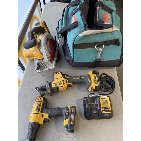DEWALT 20V CORDLESS TYOOL SET INCLUDING 6-1/2 INCH CIRCULAR SAW, BRUSHLESS COMPACT SAWSALL, DRILL AN