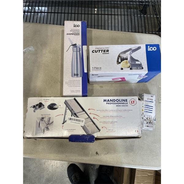 FRENCH FRY CUTTER  MADOILIN WITH WHIPPING CREAM DISPENSER AND EGG TOPPER