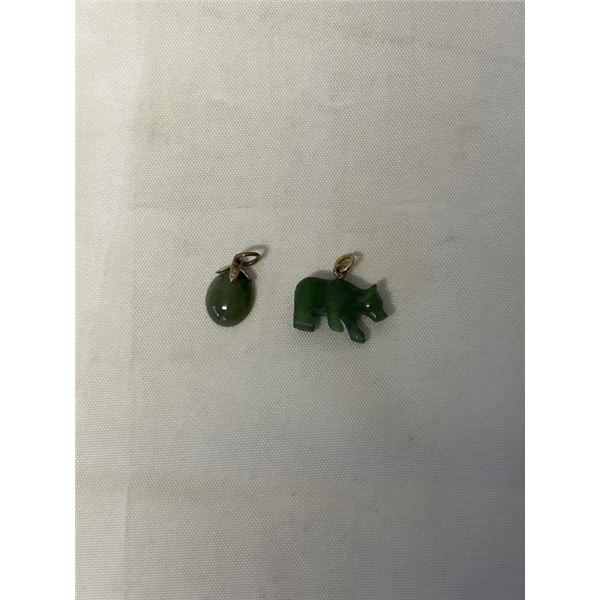 2 VINTAGE GREEN BC JADE CARVED PENDANTS OR CHARMS