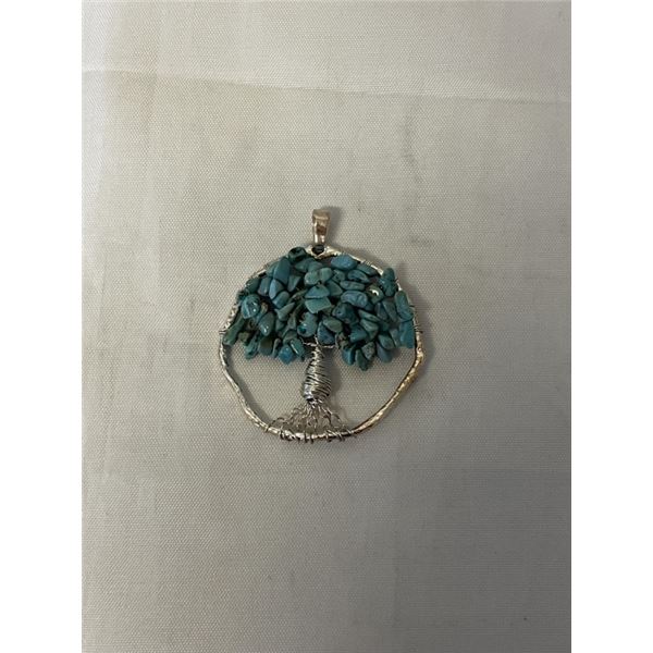HAND CRAFTED SILVER W/ NATURAL TURQUOISE STONES TREE OF LIFE PENDANT
