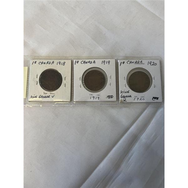 3 CANADIAN LARGE CENTS KING GOERGE V 1918, 1919, 1920 - LAST LARGE CENT