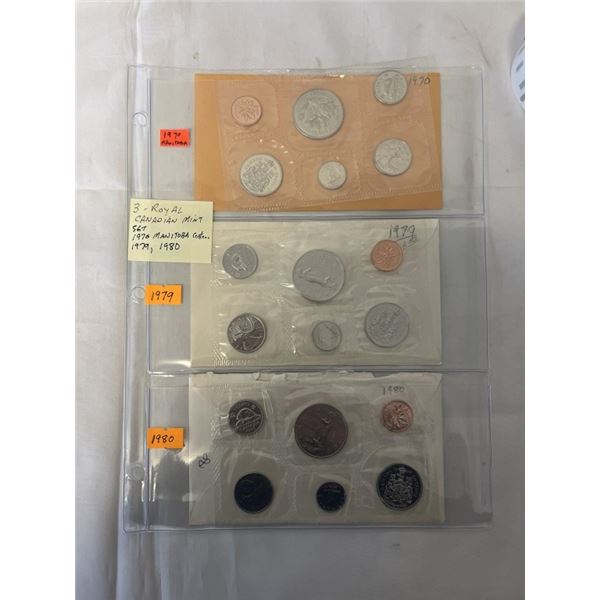 3 ROYAL CANADIAN MINT SETS 1970 MANITOBA CENTENNIAL, 1979, 1980