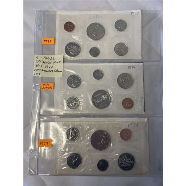 3 ROYAL CANADIAN MINT SETS 1972, 1974 WINNEPEG CENTENNIAL, 1979