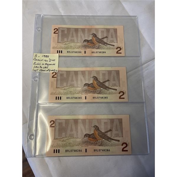 3 1986 CANADIAN $2 BILLS MINT IN SEQUENCE 284-286