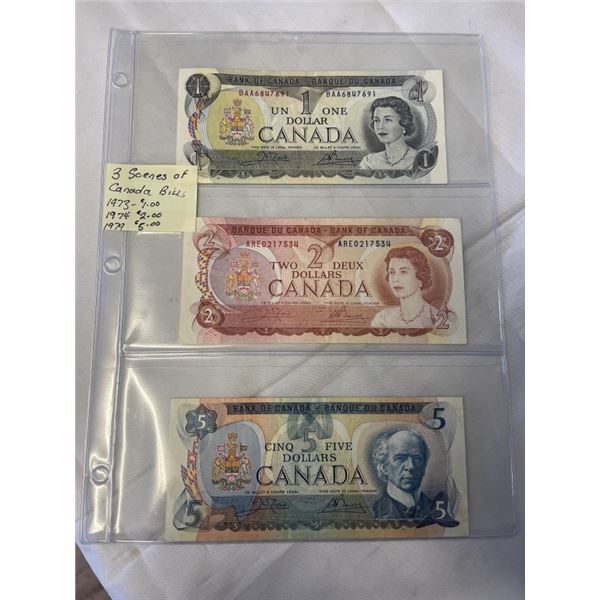 3 SCENES OF CANADA BILLS 1973 $1, 1974 $5, 1979 $5