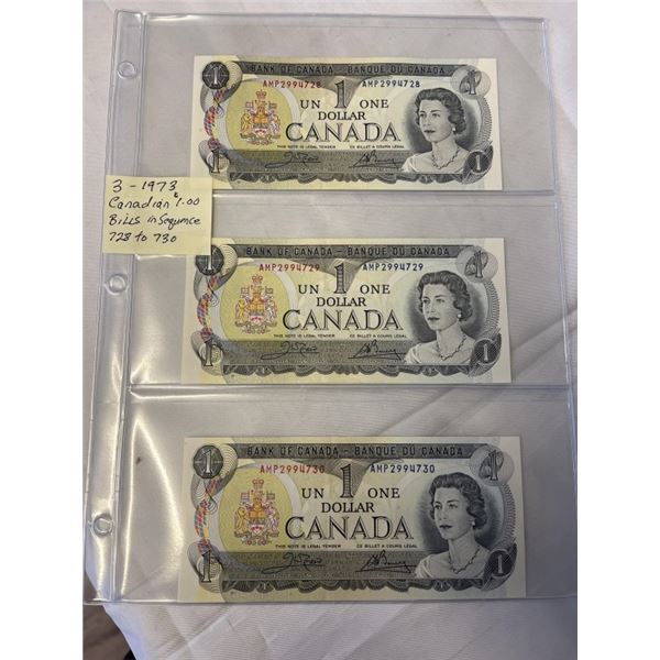 3 1973 CANADIAN $1 BILLS MINT UN SEQUENCE 728-730