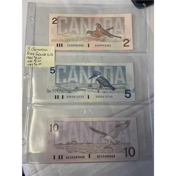 3 CANADIAN BIRD SERIES BILLS 1986 $2, 1986 $5, 1989 $10 BILL IN MINT SHARE CONDITION