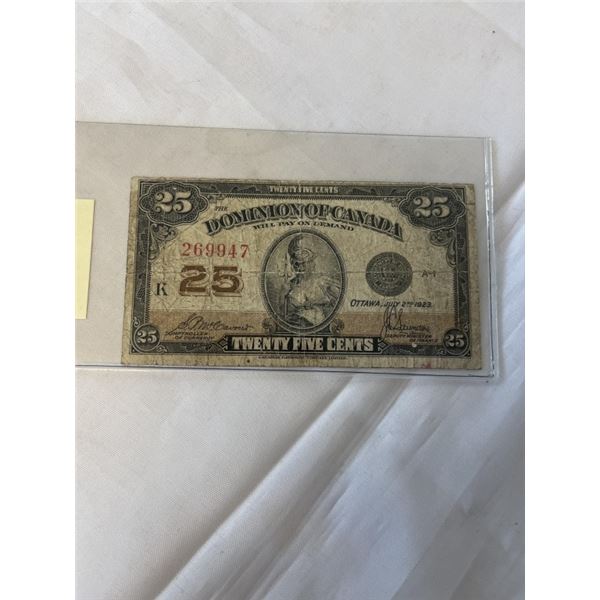 1923 DOMINION OF CANADA 25 CENT BILL - JULY 2, 1923