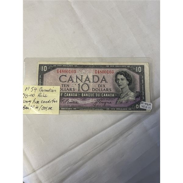 1954 CANADIAN $10 BILL, VERY FINE CONDITION