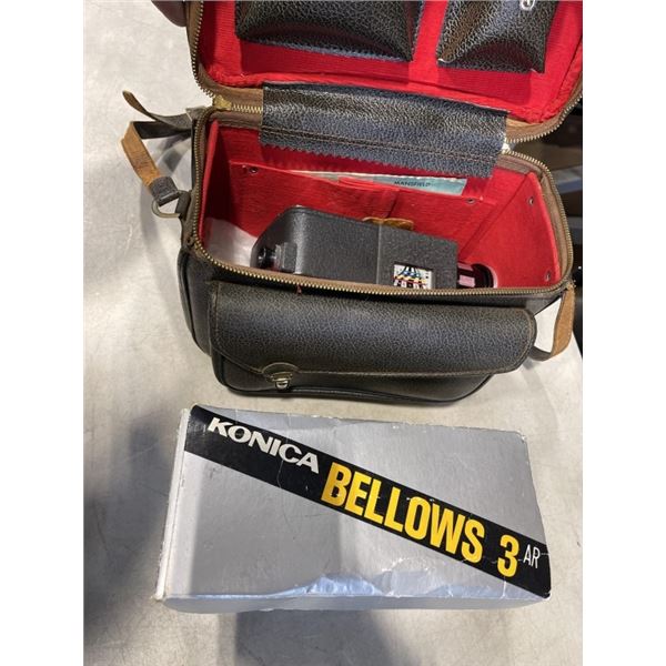 VINTAGE CASED MANSFIELD CAMERA AND KONICA BELLOWS