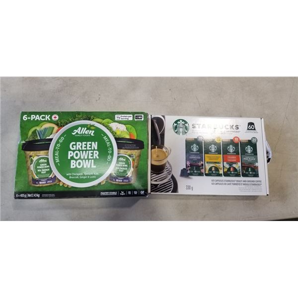 PARTIAL CASE OF GREEN POWER BOWL SOUP AND STARBUCKS NESPRESSO PODS