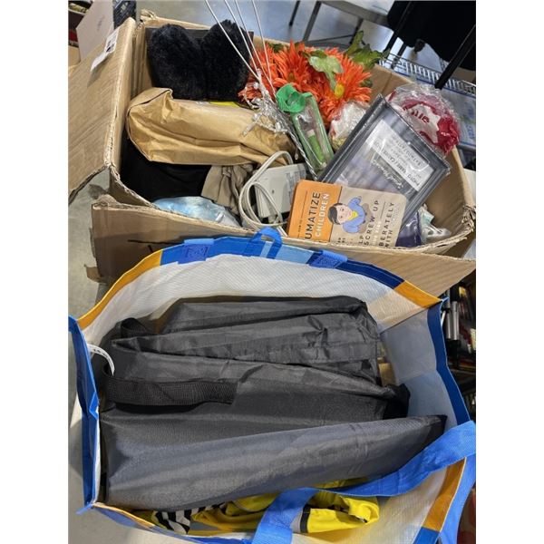 BOX AND BAG OF HOUSEHOLD ITEMS, CRAFT SUPPLIES, DOG VESTS, WORK OUT PULLEYS, ETC