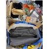 Image 1 : BOX AND BAG OF HOUSEHOLD ITEMS, CRAFT SUPPLIES, DOG VESTS, WORK OUT PULLEYS, ETC