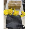 Image 2 : BOX AND BAG OF HOUSEHOLD ITEMS, CRAFT SUPPLIES, DOG VESTS, WORK OUT PULLEYS, ETC