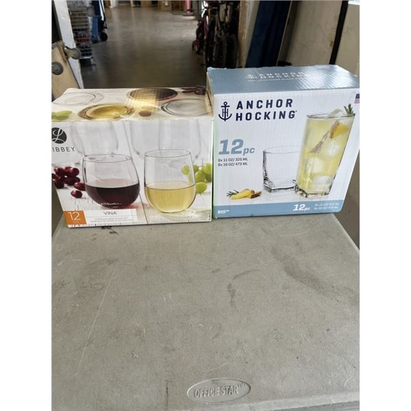 NEW LIBBEY VINA 12 STEMLESS WINE GLASS SETS AND ANCHOR HOCKING RIO 12PC GLASS SET