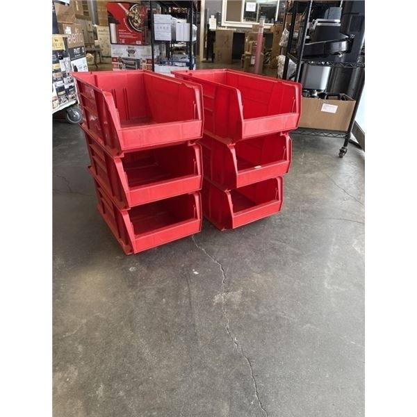 6 AKRO RED STACKING ORGANIZER BINS 20" D X 12" W, AND 8" TALL