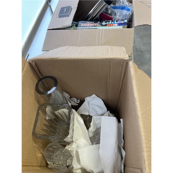 2 BOXES OF ASSORTED HOUSEHOLD ITEMS INCLUDING HEAVY CRYSTAL VAVES BOARD GAMES ETC