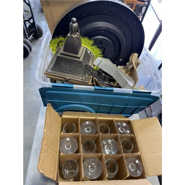 BOX OF WINE GLASSES AND TOTE OF HOUSEHOLD DECOR