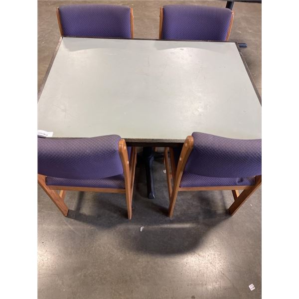 PUB DINING TABLE WITH CAST IRON BASE, AND 4 UPHOLSTERED DINING CHAIRS, TABLE IS 46 X 34
