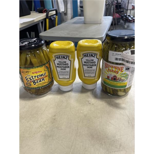 JAR OF PICKLED ASPARAGUS AND JAR OF PICKLED BEANS AND 2 CONTAINERS OF HEINZ YELLOW MUSTARD