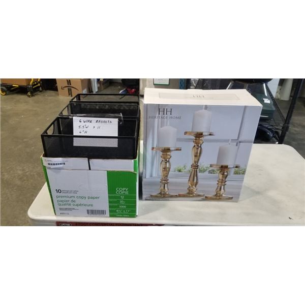 HERITAGE HOME CANDLE STAND SET AND 6 METAL BASKETS