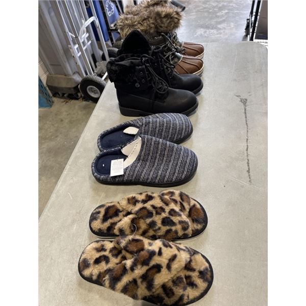 4 NEW PAIRS OF WOMENS SIZE 7 BOOTS AND SLIPPERS