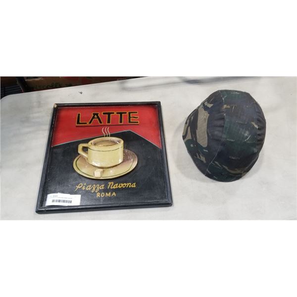 LATTE WOOD SIGN AND ARMY HELMET