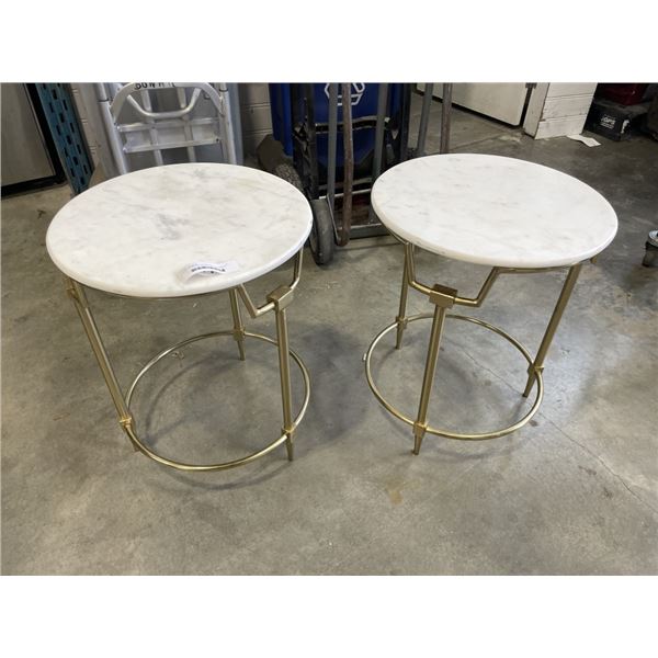 PAIR OF ROUND STONE TOP AND BRASS SIDE TABLES