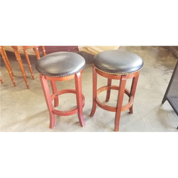 PAIR OF BLACK LEATHER AND BRASS NAIL HEAD SWIVEL BAR STOOLS