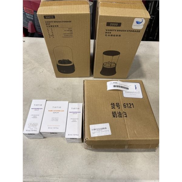 LOT OF 2 VANITY BRUSH STORAGE BOX AND W STORAGE BOX FOR EARRINGS AND RING AND TIRTIR NIACINAMIDE SER