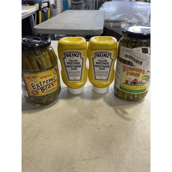 JAR OF PICKLED ASPARAGUS AND JAR OF PICKLED BEANS AND 2 CONTAINERS OF HEINZ YELLOW MUSTARD