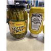 Image 2 : JAR OF PICKLED ASPARAGUS AND JAR OF PICKLED BEANS AND 2 CONTAINERS OF HEINZ YELLOW MUSTARD